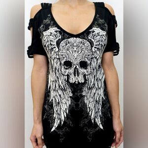 Platinum Plush Watching Over Me Skull Cold Shoulder Top